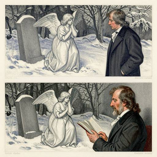 Digital illustration: Angel in white dress with wings kneels by snow-covered grave; bearded man in black suit reads book, looks at angel. Background