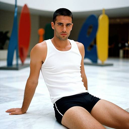 Photograph of a muscular, short-haired man with tanned skin, wearing a white tank top and black shorts, sitting on a white floor with colorful