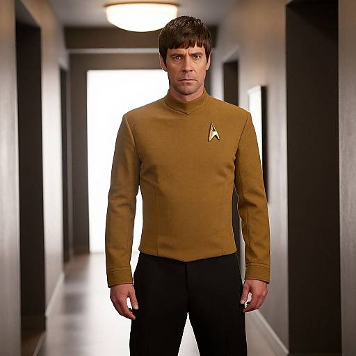 Photorealistic CGI of a man with short brown hair, wearing a brown Star Trek uniform with an emblem, standing in a dimly lit hallway with