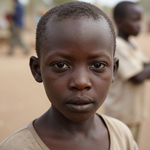 Photograph of a young African boy with short curly hair, dark skin, and intense gaze, wearing a beige shirt, blurred background with other children.
