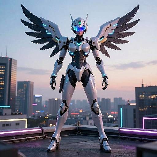 Photorealistic CGI of a white, glowing blue-eyed, winged robotic humanoid with black wings standing on a neon-lit rooftop at dusk, with