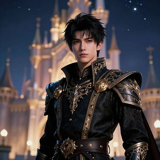Digital artwork of a handsome young man with black spiky hair, wearing ornate black and gold medieval armor, standing before a glowing, fairy-tale