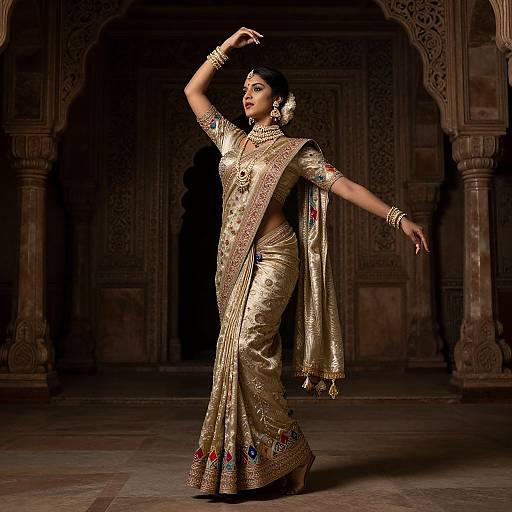 Photograph of a South Asian woman in an ornate gold traditional saree, performing a classical dance in a dimly lit, intricately carved temple