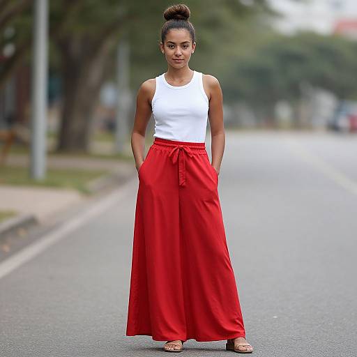 Photograph of a young woman with a topknot, wearing a white tank top and long red skirt, standing on a suburban street.