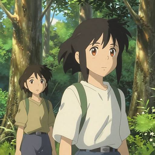 Anime-style digital illustration of two young characters with black hair in a sunlit forest, wearing white shirts and green backpacks.