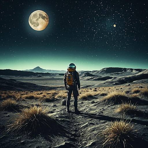 Explorer on Alien Planet at Night
