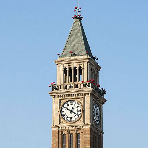 Photograph of a tall, beige clock tower with a green, pointed roof, adorned with red flowers, against a clear blue sky.