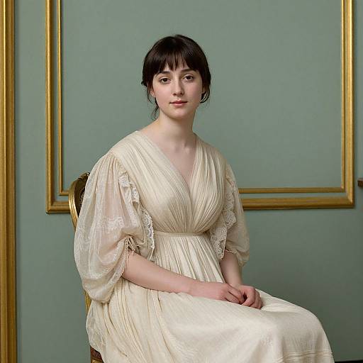 Photograph of a fair-skinned woman with dark hair in an 18th-century style cream dress, sitting on a wooden chair against a green wall