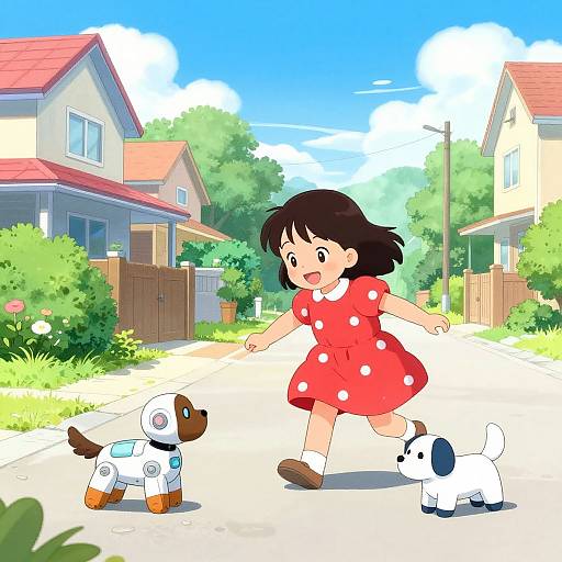 Anime-style drawing of a young girl in a red polka-dot dress running on a sunny suburban street, chasing two small white dogs.