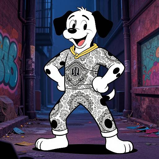Cartoon Dalmatian in white, black-spotted suit with yellow neckerchief, stands confidently in a graffiti-covered, dimly lit urban