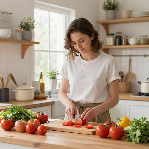 Photograph of a smiling, light-skinned woman with wavy brown hair, slicing tomatoes on a wooden kitchen counter surrounded by fresh vegetables and kitchenware