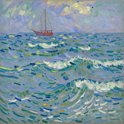 Vibrant, impressionist-style painting of a red sailboat on choppy, multicolored blue and green ocean waves under a cloudy, sun