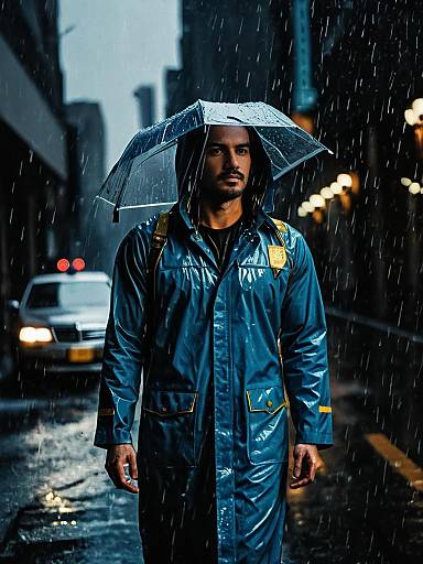 Man in Rain Costume with Umbrella in Rainy City