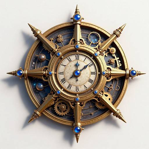Steampunk-style clock with a gold, ship's wheel design, blue gem accents, white clock face, black Roman numerals, and intricate gears