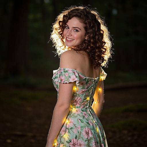 Photograph of a smiling, curly-haired woman in a floral off-shoulder dress, illuminated by glowing fairy lights, standing in a dark forest.