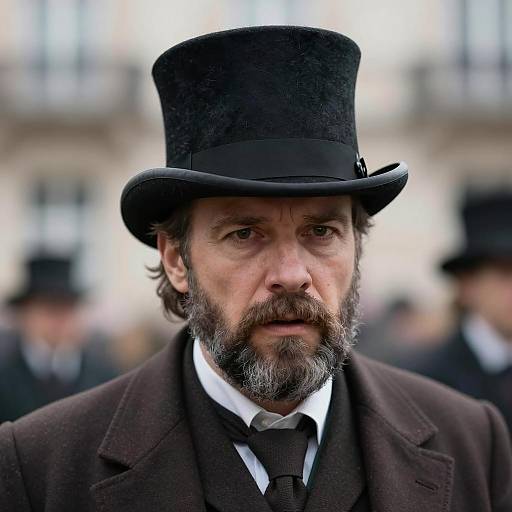 Serious man in black top hat and brown jacket