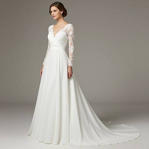 Photograph of a brunette woman in a white lace long-sleeve wedding dress with a deep V-neck and a long, flowing train. Neutral gray
