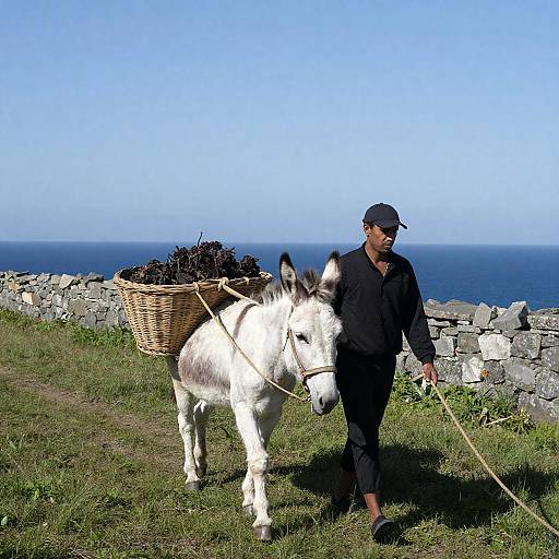 Man Leading Donkey on Seaside Hill