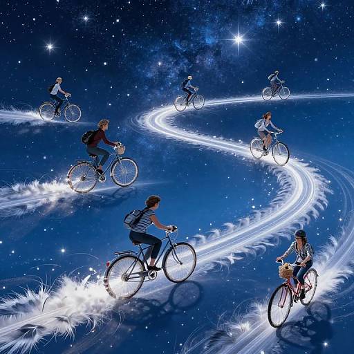 Digital artwork of seven cyclists riding on a glowing, winding path through a starry, cosmic blue night sky with white trails.