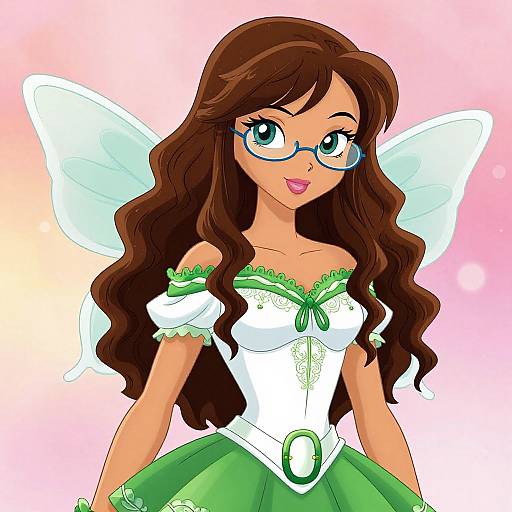 Digital anime-style drawing of a fairy girl with long brown hair, blue glasses, white off-shoulder dress with green accents, and translucent wings,
