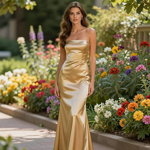 Elegant Gold Satin Dress in Vibrant Garden