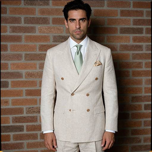 Photograph of a handsome, dark-haired man in a white double-breasted suit with gold buttons, light green tie, and beige pocket square, standing