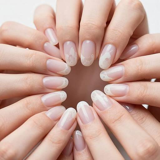 Close-up photograph of light-skinned hands with neatly manicured, glossy, French-tip nails, fingers spread out in a circular pattern against a white background