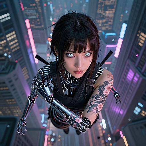 Cyberpunk woman with glowing blue eyes, black hair, robotic arm, floral tattoo, and leather outfit, leaps between neon-lit skyscrapers