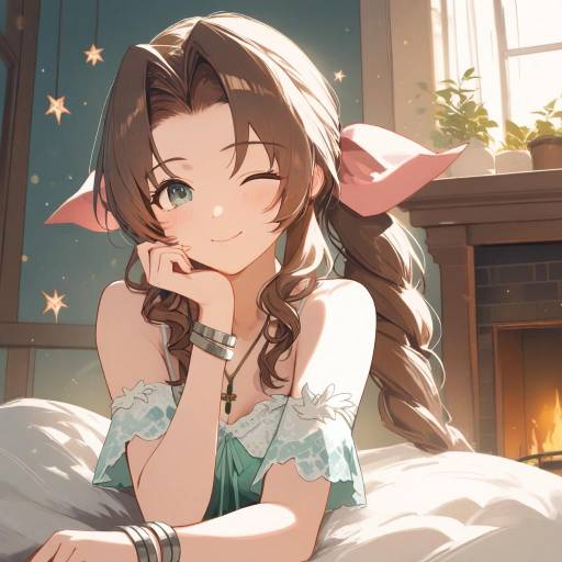 Joyful Aerith Gainsborough in Cozy Room