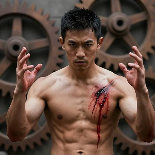 Intense Asian Man Amidst Wooden Gears