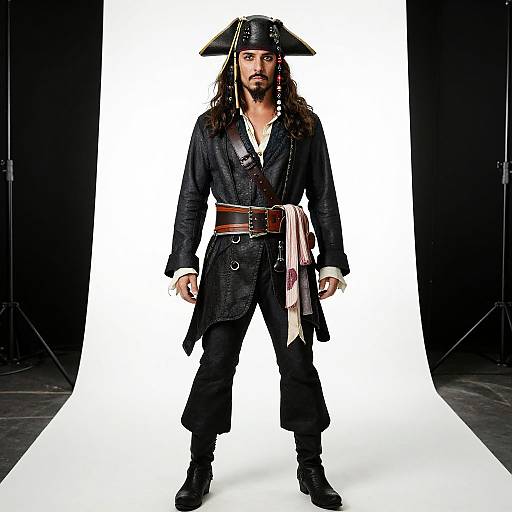 Photograph of a man dressed as a pirate, standing confidently against a white backdrop. He wears a black tricorn hat, long coat, brown belt