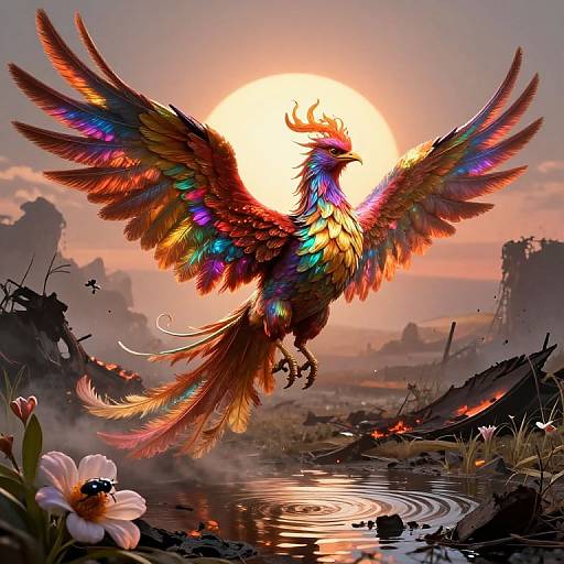Digital painting of a vibrant, rainbow-feathered phoenix with outstretched wings, flying over a reflective, sunlit waterway at sunset, surrounded