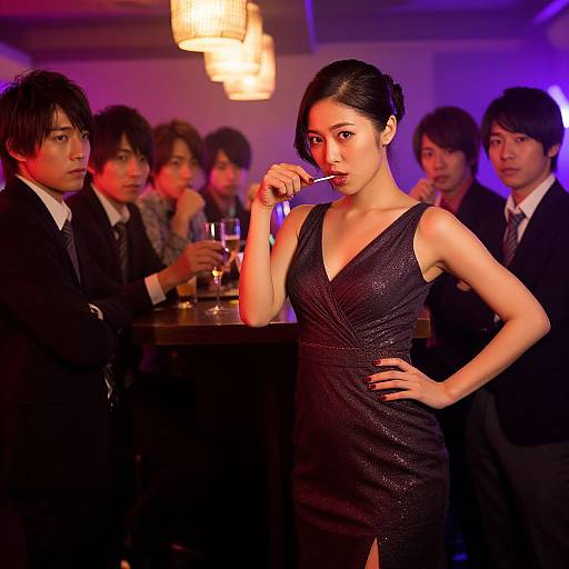 Photograph of an elegant Asian woman in a black, sleeveless, textured dress, sipping from a straw at a dimly lit, upscale bar
