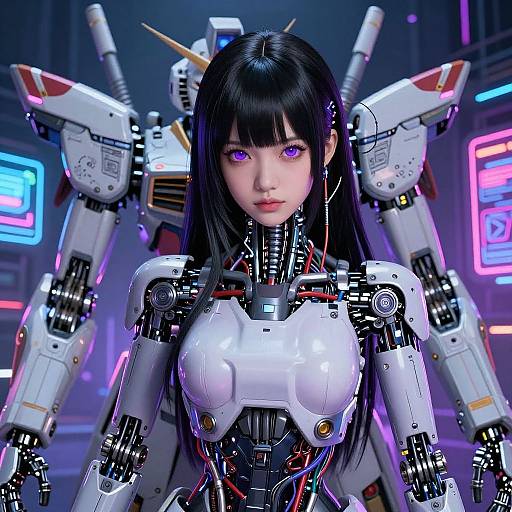 Digital art of an anime-style woman with purple eyes, black hair, and white cybernetic armor, flanked by two white mechs in a