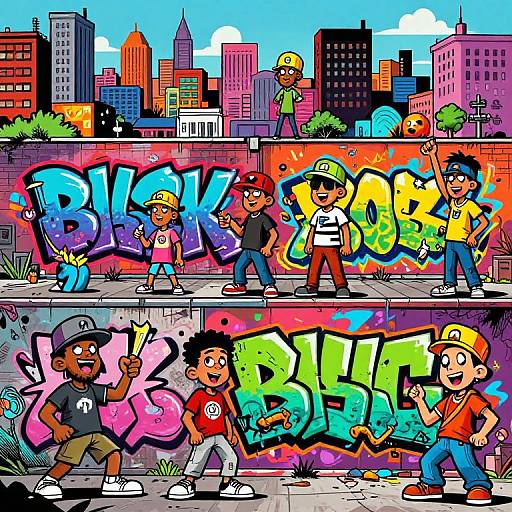 Colorful cartoon of diverse kids painting vibrant graffiti on a city wall, with tall buildings and bright sky in the background.