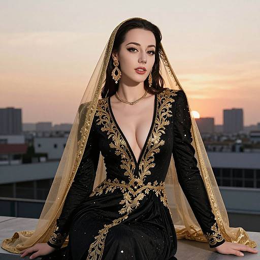Photograph of a fair-skinned woman with dark hair, wearing a black, deep V-neck, gold-embroidered dress and sheer veil,