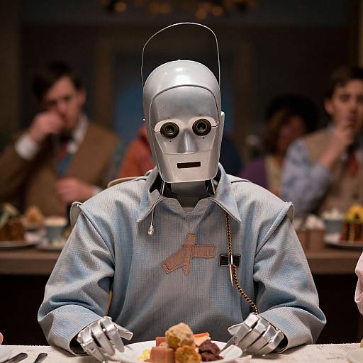 Photograph of a silver robot with a masked face, wearing a blue shirt with a brown patch, eating at a bar with blurred patrons in the background