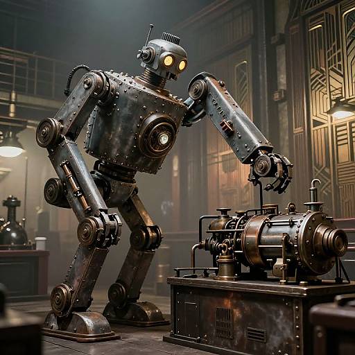 Photorealistic CGI of a shiny, industrial-style robot with glowing yellow eyes, bending over a metalwork bench in a dimly lit, steamp