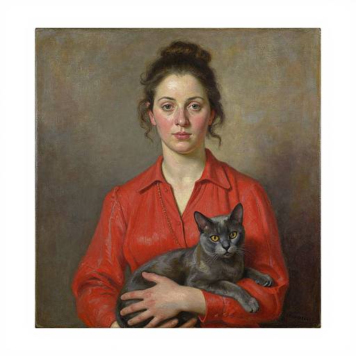 Realistic painting of a woman with fair skin, dark hair in a bun, wearing a red shirt, holding a gray cat with yellow eyes, against