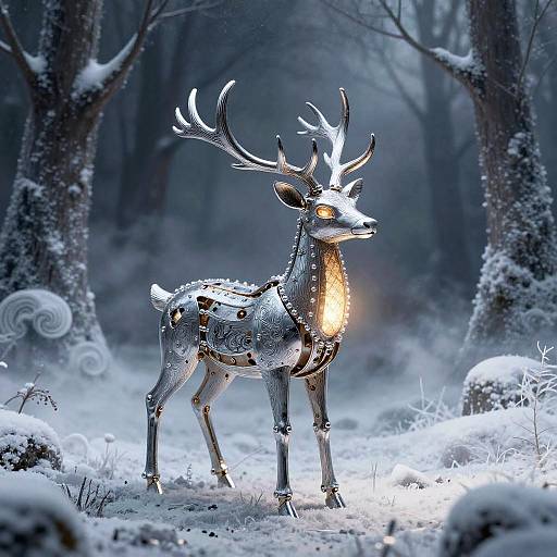 Photograph of a silver, glowing antlered deer sculpture in a snow-covered forest, illuminated by a warm light, surrounded by frosty trees.