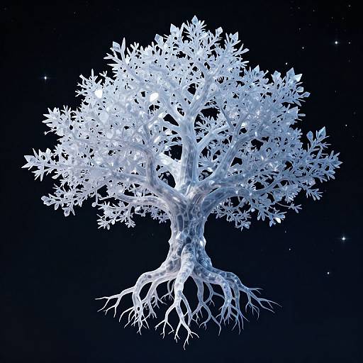 Digital CGI image of a glowing, crystalline white tree with intricate branches and exposed roots, set against a dark, starry night sky.