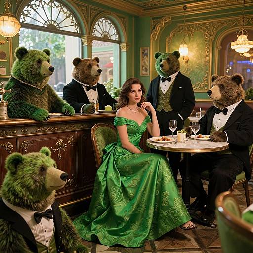 Photograph-style CGI: A woman in a green off-shoulder dress sits at a elegant restaurant table surrounded by five anthropomorphic bears in black t