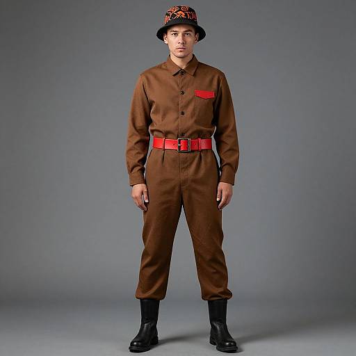 Man in Brown Outfit with Red Belt