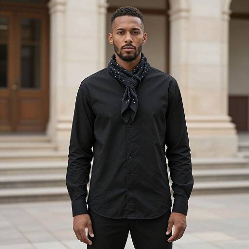 Photograph of a handsome Black man with short curly hair and beard, wearing a black shirt and scarf, standing in front of a classical building with columns