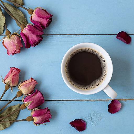 Top-down photo of a white cup of black coffee on a blue wooden table, surrounded by pink, wilted roses with scattered petals.