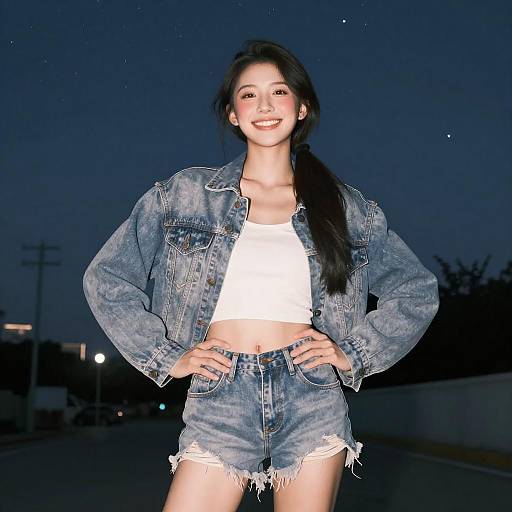 Photograph of an Asian woman with long black hair, smiling, wearing a white crop top, denim jacket, and frayed high-waisted shorts