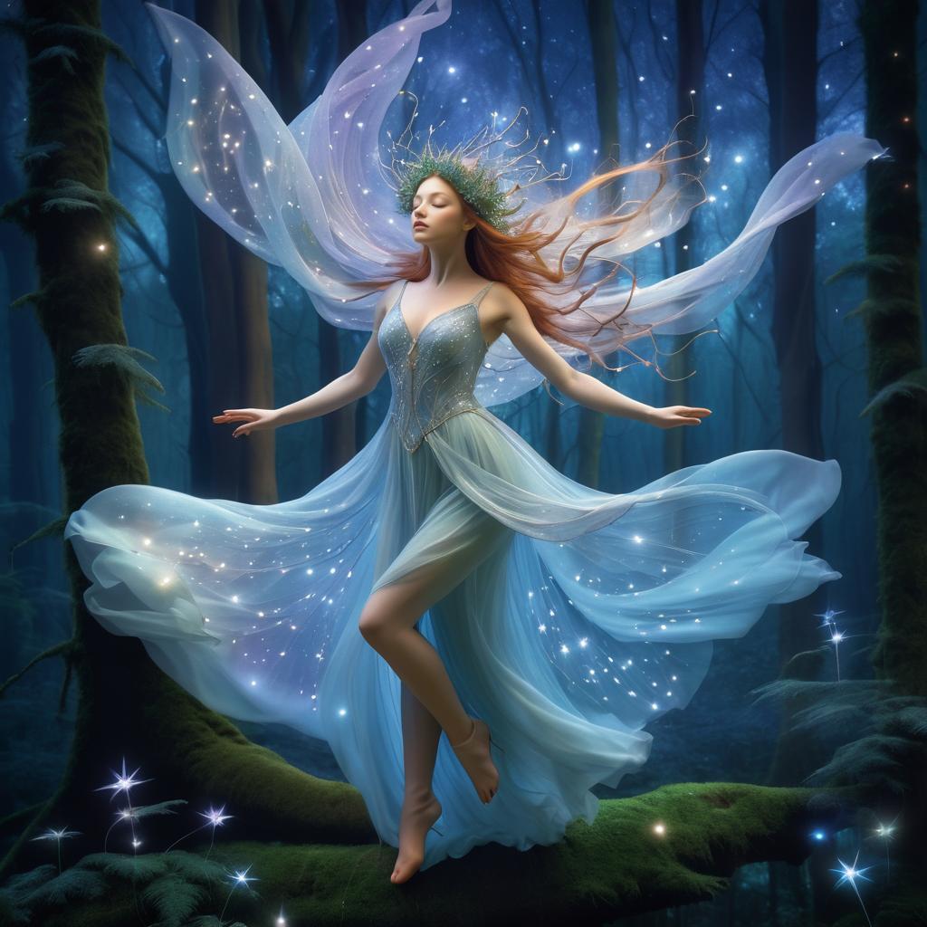 Ethereal Nymph Dancing in Whimsical Forest