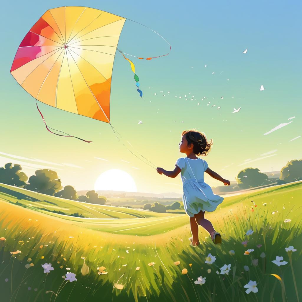 Joyful Child Flying a Kite in Meadow