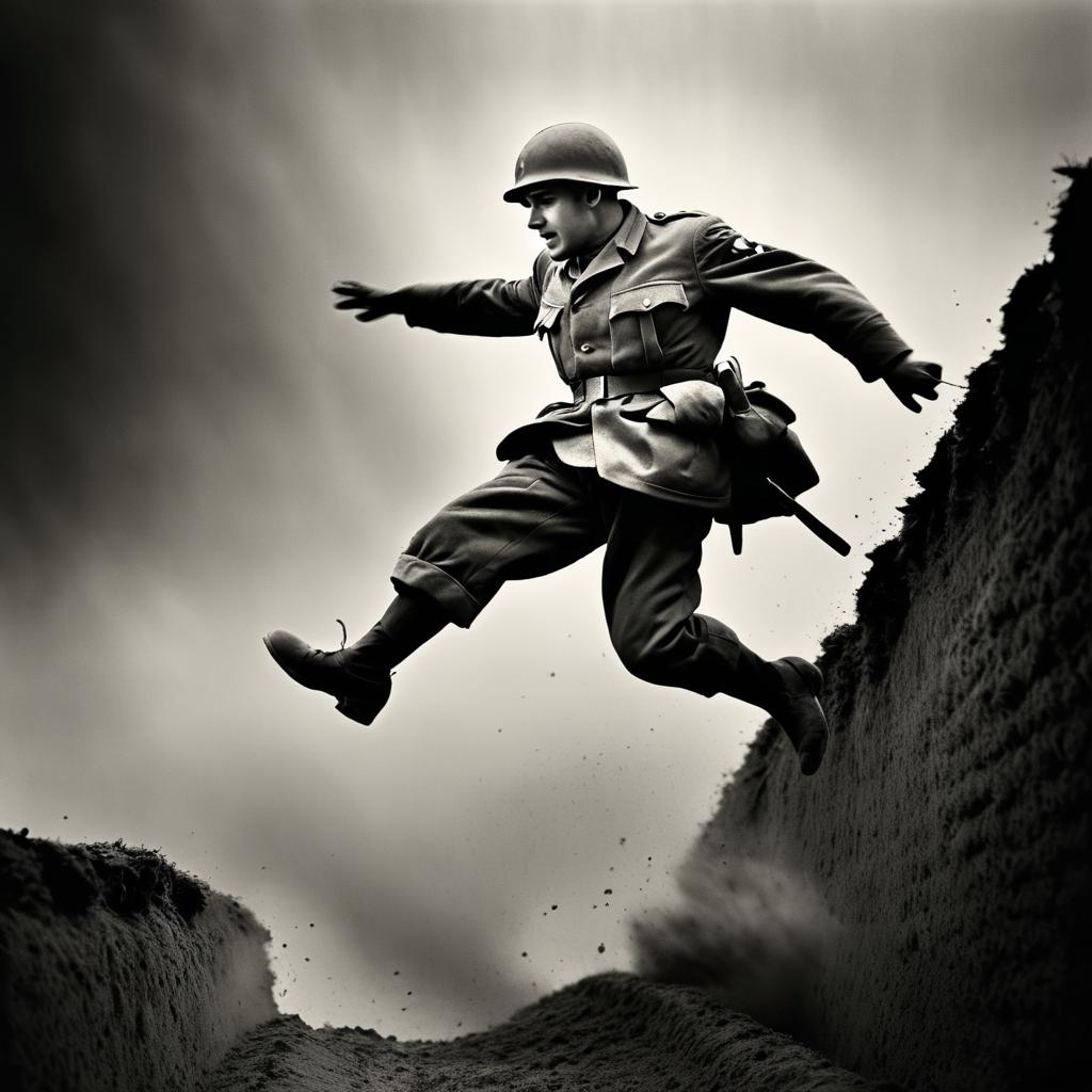 Dynamic Vintage Photo of Soldier in Action