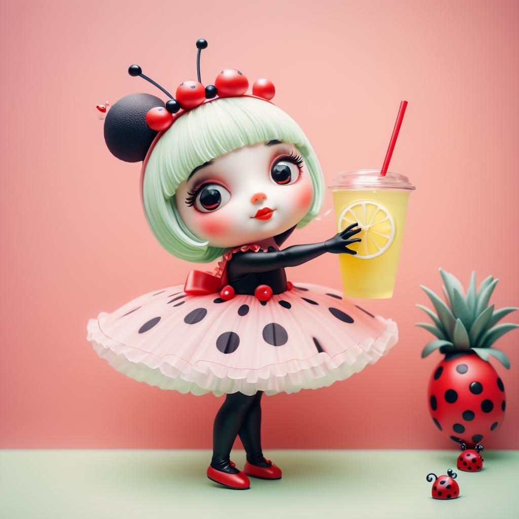 Playful Ladybug Ballerina with Lemonade